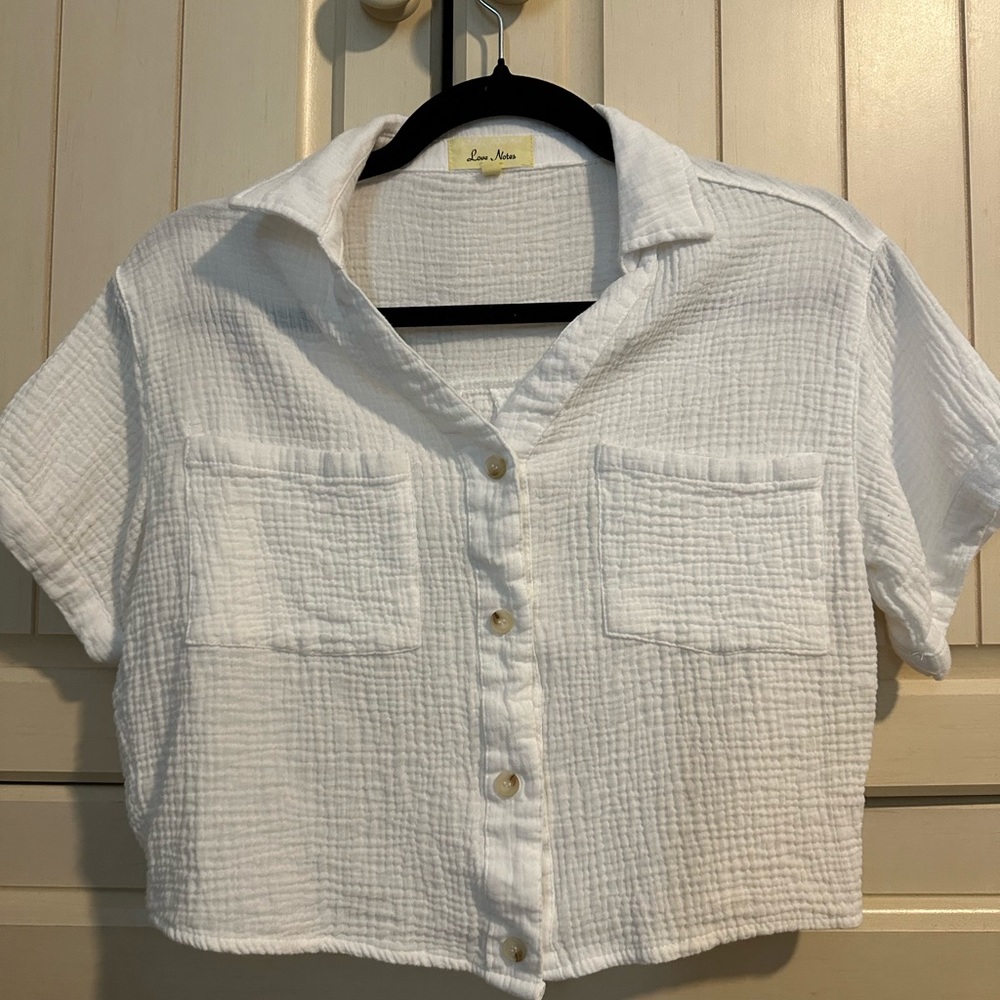 white linen short sleeve button down